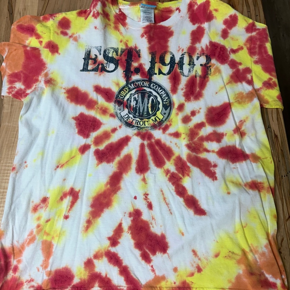 Ford Motor Co  Men’s Tie-Dye Kids T-Shirt - White with Red & Yellow - Est. 1903